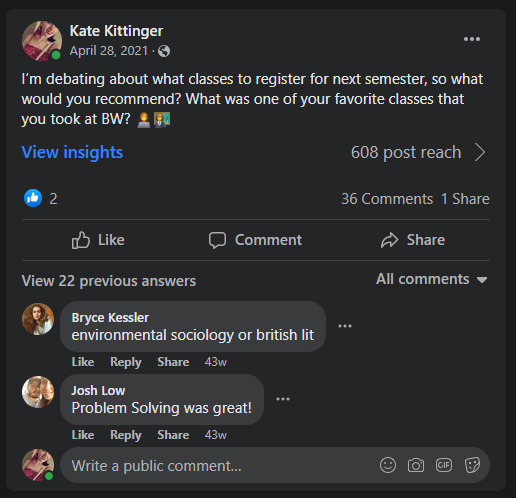 Semester Schedule Question example posts for BW Official Facebook Group